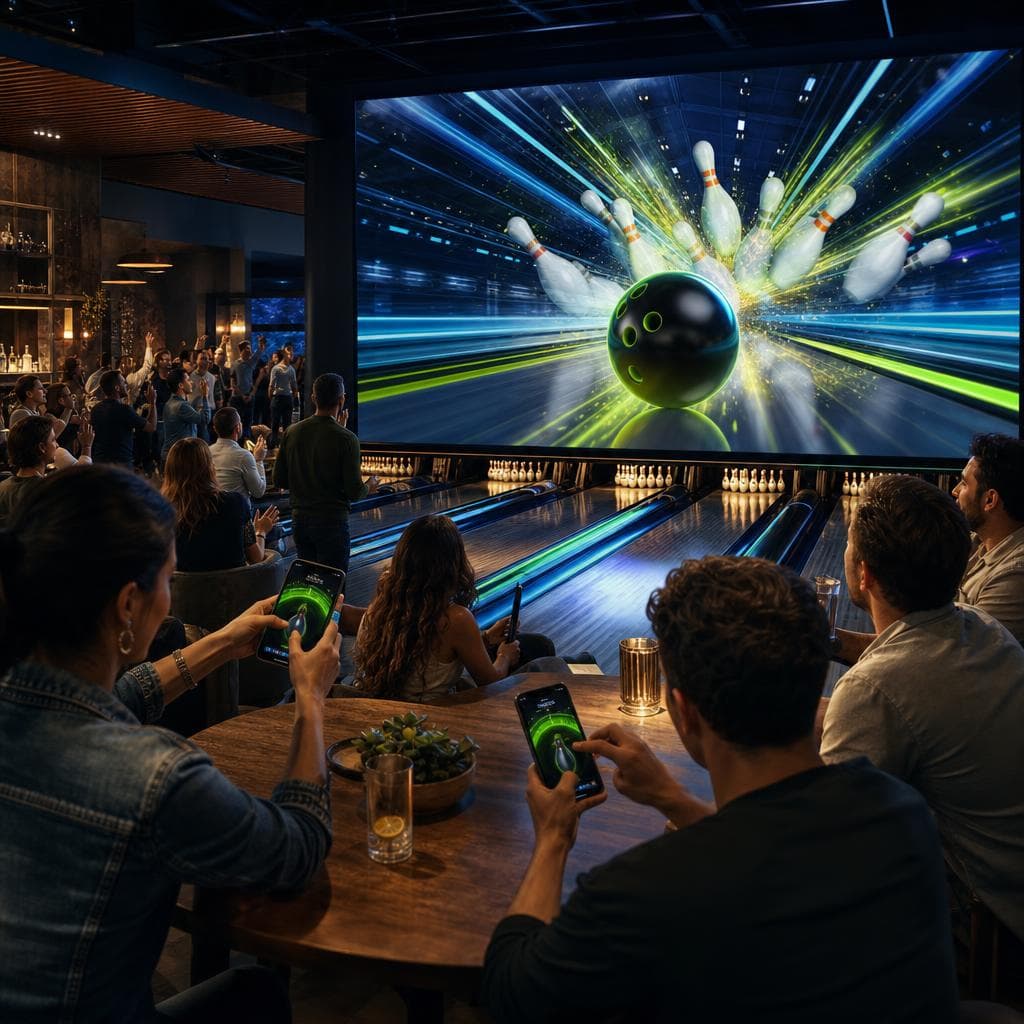 A venue crowd watches a bowling strike on a giant screen.