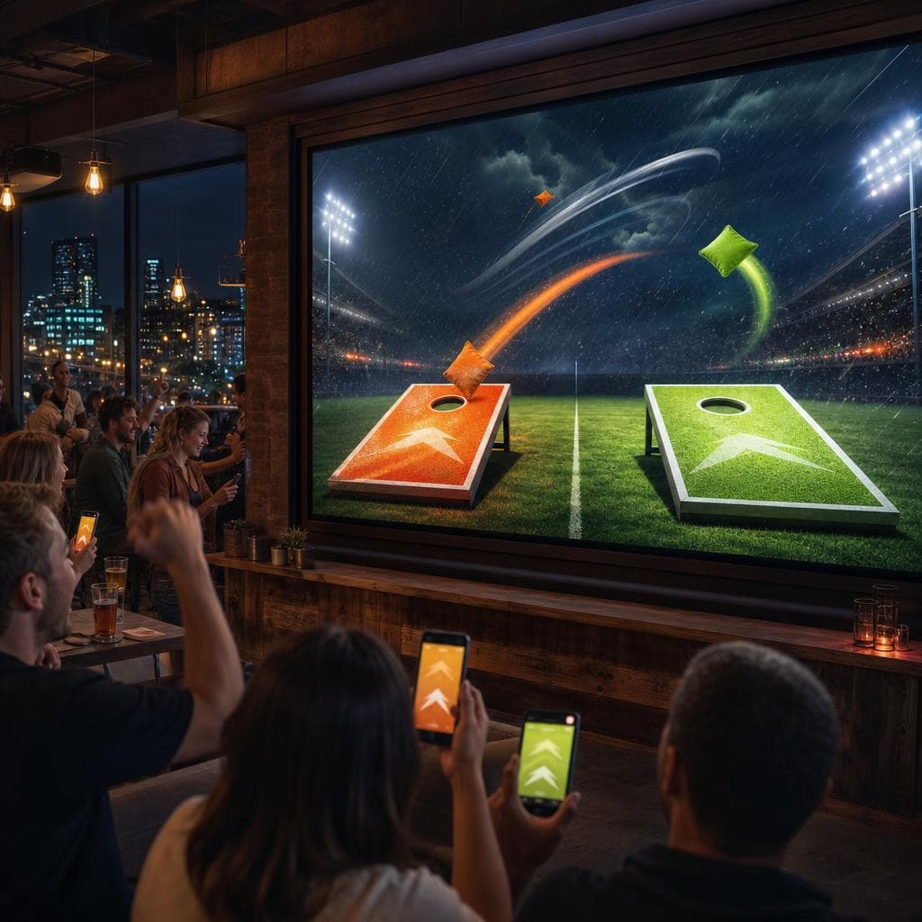 A packed bar watches a cornhole match on a large screen.