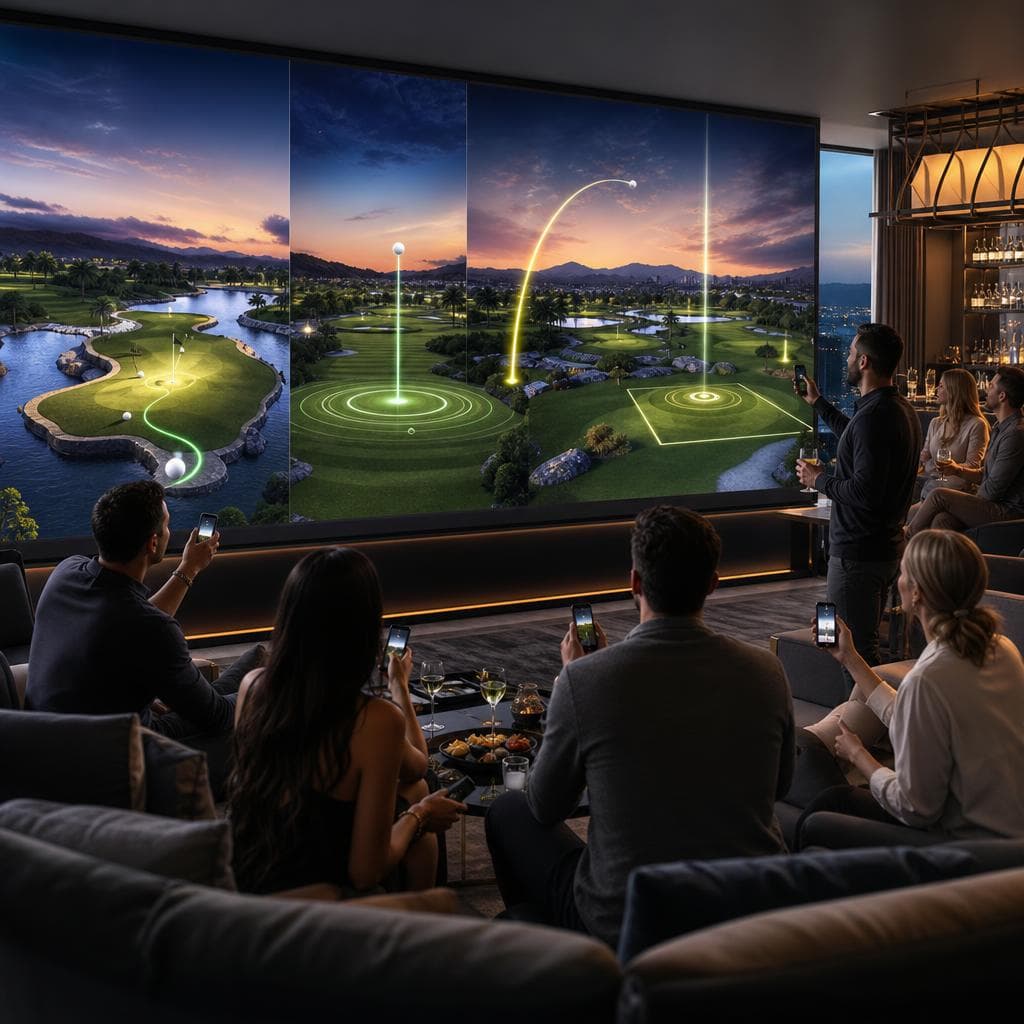 Guests watch a multi-course golf game on a wide lounge screen.
