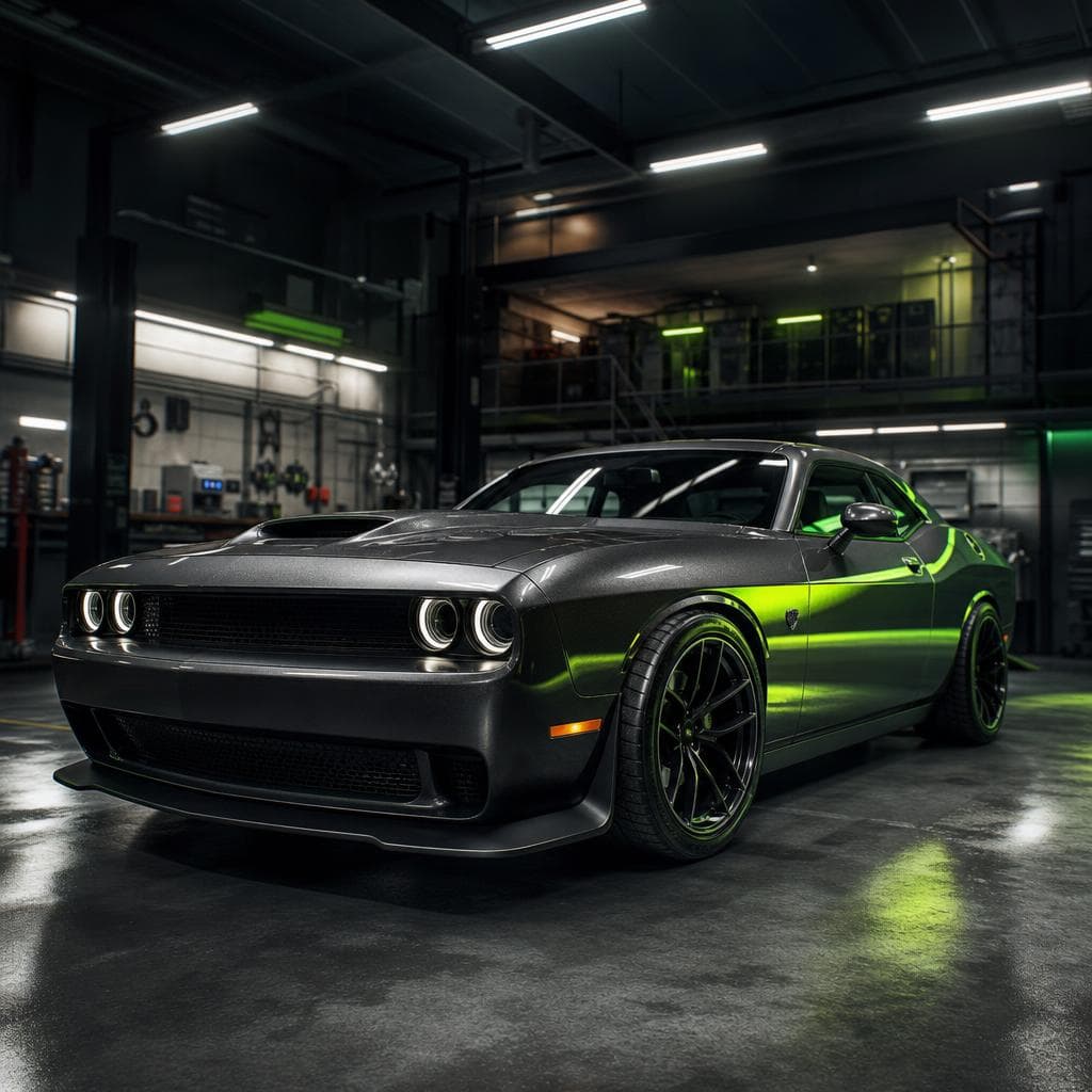 A customized muscle car in a neon-lit garage