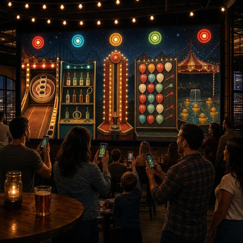 A carnival game collection glows on a venue screen while guests play on phones.