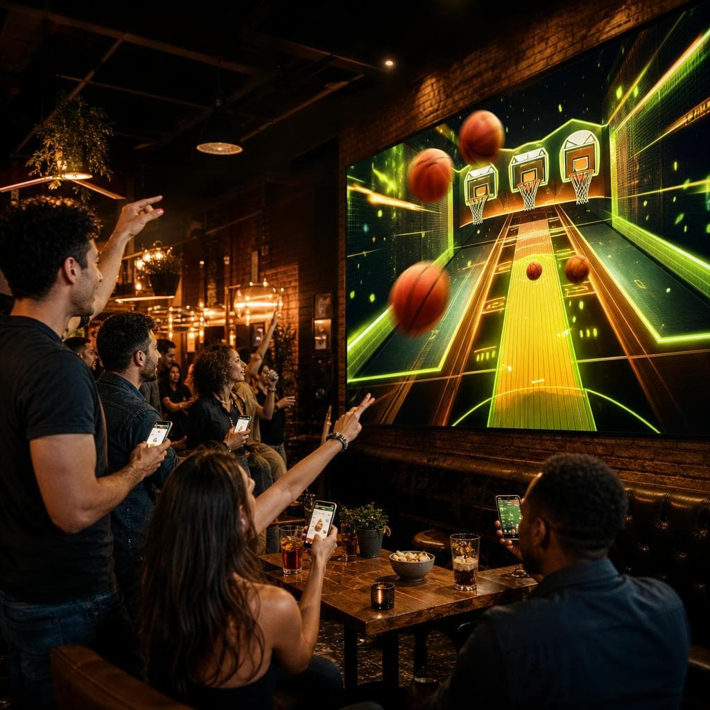 Friends in a bar play an arcade basketball game on a large screen.