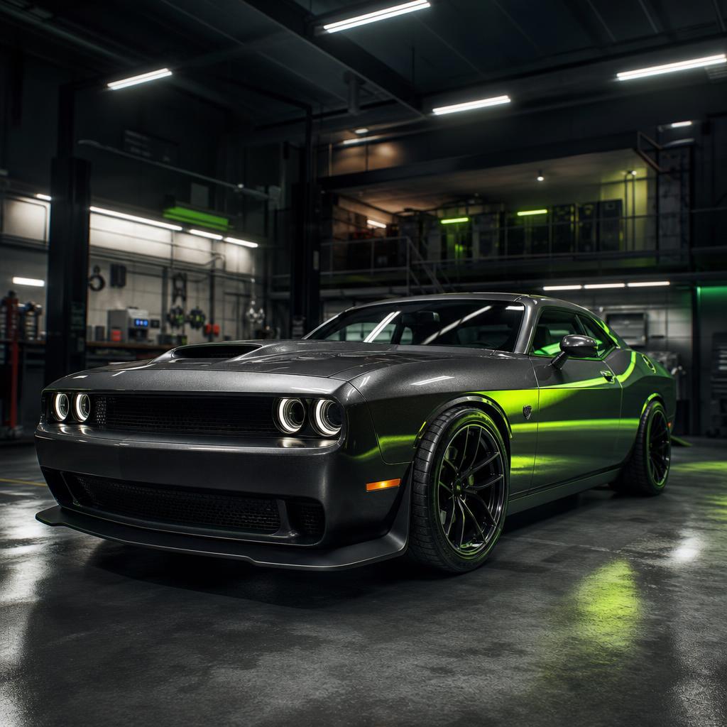 A customized muscle car in a neon-lit garage